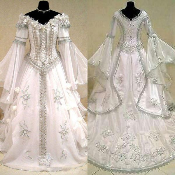 Robe de mariée médiévale Vintage hors de l'épaule cou manches longues cloche Costume Renaissance celtique victorienne mariée gothique robes de mariée