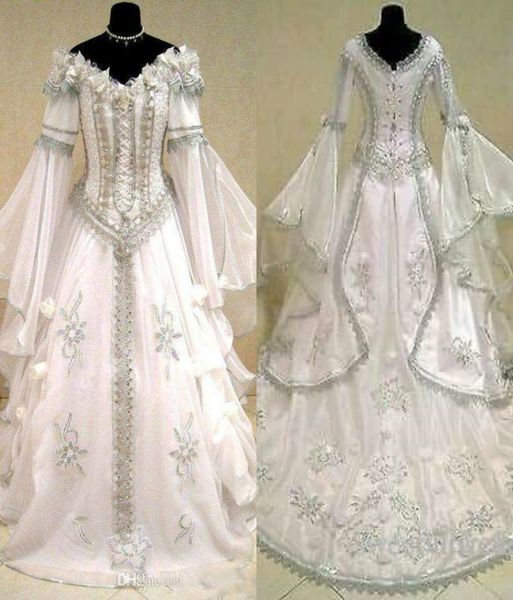 Robes de mariée médiévales sorcières celtic tudor renaissance costume victorien gothique de l'épaule robe de mariée à manches longues Bridal6425392