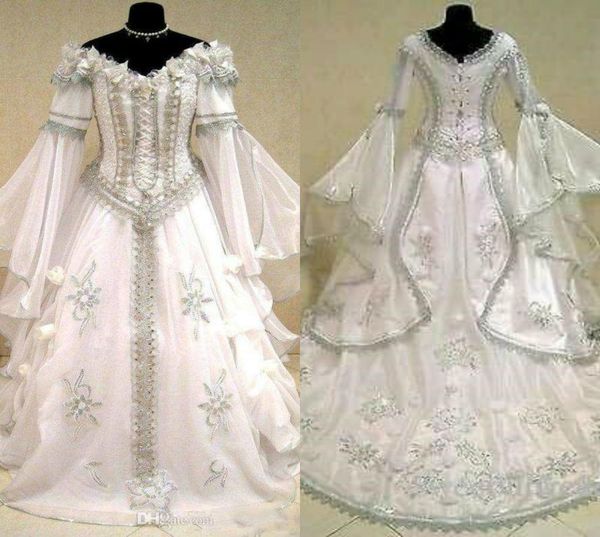 Robes de mariée médiévales Sorcière Celtique Tudor Renaissance Costume Victorien Gothique Hors de l'épaule Robe de mariée à manches longues Bridal4208816