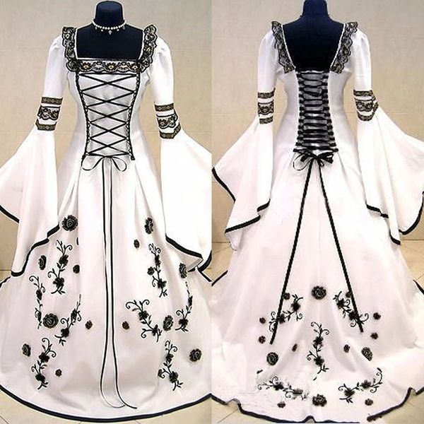 Robes de mariée médiévales sorcière celtique Tudor Renaissance noir et blanc à manches longues gothique victorien corset robe de mariée