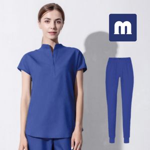 Medigo 022 Style Femmes Scrubs Tops + pantalon Hommes hôpital Uniforme Chirurgie Scrubs Chemise À Manches Courtes Uniforme D'allaitement Animal de compagnie gris anatomie Docteur Vêtements de Travail