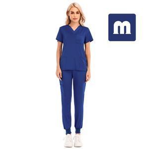 Medigo-038 Vrouwen Tweedelige Broek Effen Kleur Spa Schroefdraad Kliniek Werk Pakken Tops + broek Unisex Scrubs Huisdier Verpleging ziekenhuis Uniform Pak