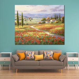 Lienzo de paisaje mediterráneo, arte de campos de amapolas, obra de arte Sung Kim, pintura al óleo pintada a mano, decoración costera para casa nueva