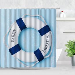 Méditerranéen Style LifeBuoy douche rideaux en bois bleu décor de planche décor d'enfants de salle de bain set cocroise de bain écrans 240403