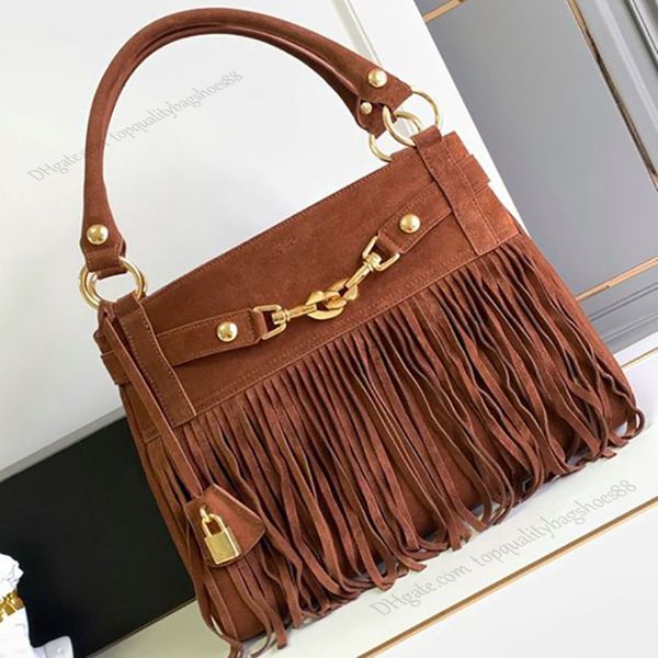 Bolso Annabel mediano marrón con flecos en bolso de cuero de gamuza Diseñador de lujo Moda para mujer Bolsos de hombro negros Bolsos de mano