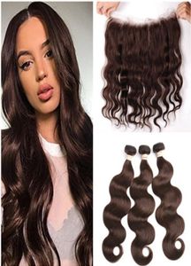 Moyenne Brun Indian Vierge Human Hair 3 Packs with Frontal Body Wave 4 Chocolate Brown Weave Bundles with 13x4 en dentelle FRONTAL CLO9899517