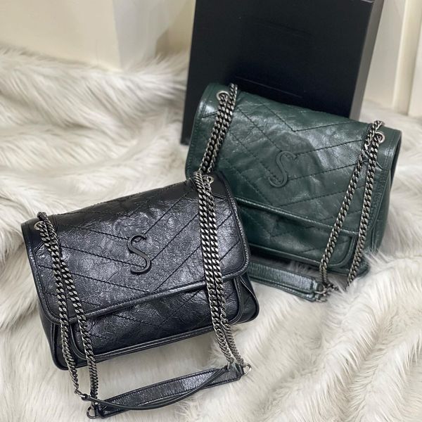 Sac à bandoulière en cuir véritable moyen fourre-tout femmes sacs à main de luxe pochette d'embrayage épaule à rabat sacs de toilette pour hommes designers portefeuille noir chaîne sangle sac de messager