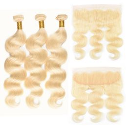 Medium Hair Extensions 613 Blonde Menselijk Haar 3 Bundels en 13x4 Frontale Oor tot Oor Braziliaanse Virgin Haar Weeft Lichaamsgolf 10-24 Inch