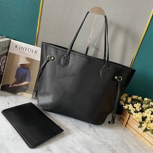 Sac à main moyen en cuir de vachette, fourre-tout, sac à bandoulière, sacs de courses de styliste, lettre classique imprimée, poche intérieure à fermeture éclair, pochette de haute qualité en cuir véritable avec portefeuille