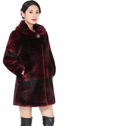 Manteau de fourrure d'hiver pour femme, longueur moyenne, couleur café rouge, manches longues, tendance européenne, vêtements élégants, moelleux, pardessus en fourrure cisaillée