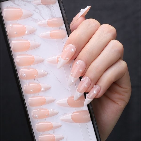 Faux ongles Stiletto français de longueur moyenne, couleur chair, Design de perles, ongles riches en Fasle, presse sur les ongles en cristal, pointe, boîte cadeau 220726