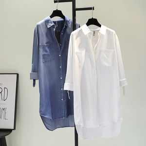 Camisas de mezclilla de algodón largo medio Primavera y otoño 2023 Tops de bolsillo de moda Camisa delgada de manga larga para ropa de mujer