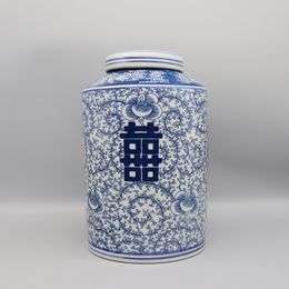 Bote de cerámica azul y blanco de tamaño mediano, frasco, jarrón, decoración del hogar