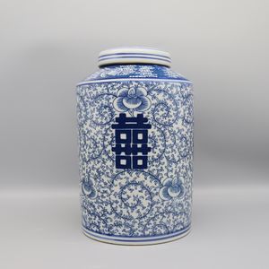 Carteau en céramique bleu et blanc de taille moyenne, pot, vase, décoration de la maison