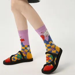 Chaussettes tube moyen, roses et tendres, chaussettes femme cerise dessin animé, chaussettes en coton peigné, 5 paires