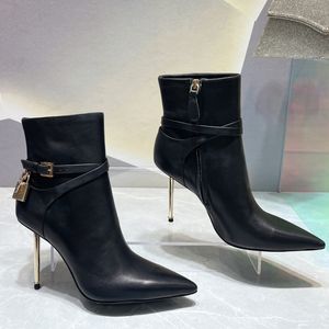 stiletto Heel Botines diseñador Golden lock hebilla decorar zapatos de mujer Piel de vaca Cachemira cremallera punta puntiaguda Botín de combate 10 CM tacón alto Bota de moda 35-42