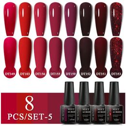 Ontmoet over 8pcsset glitter rood roze oranje gel nagellak semi permanent weken af van UV Varnish Art Manicure Kit 240416