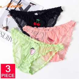 Meet'r 3 pièces/lot femmes Sexy dentelle Lingerie tentation taille basse culotte fruits Ins broderie slips transparents sous-vêtements sans couture 220512