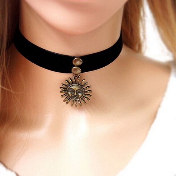 Meetcute película matilda estilo gótico punk colgante de luna de sol collar de gargantilla de cinta de terciopelo negro para mujer regalo de tatuaje de aleación de metal