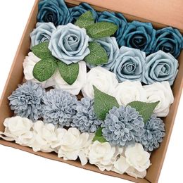 Mefier Fleurs artificielles Rose Combo Délicat élégant Bleu poussiéreux Fausses fleurs en mousse avec tige pour les décorations de maison de fête de mariage 240313
