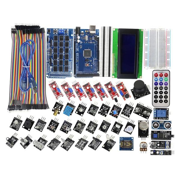 Freeshipping MEGA 2560 R3 Starter Kit con 40 Módulo de sensor Serial I2C Pantalla LCD Detector de gas Sensor de sonido para kit de bricolaje