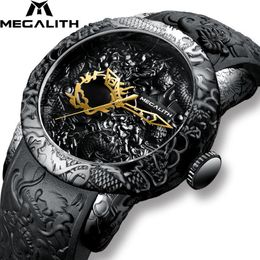 MEGALITH Mode Gouden Draak Sculptuur Horloge Mannen Quartz Horloge Waterdicht Grote Wijzerplaat Sport Horloges Mannen Horloge Top Luxe Merk Klok l255M