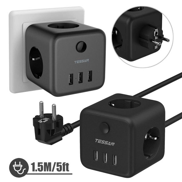 MEGAPHONE Tessan Black Cube USB Socket Power Stand With Switch, 3WAY SORTS (2500W / 10A) et 3 ports USB pour la maison, le bureau, les voyages