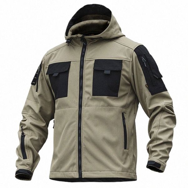 Mege chaqueta táctica Softshell para hombres camuflaje militar al aire libre múltiples bolsillos capucha cortavientos otoño cálido negro chaqueta de invierno h36u #