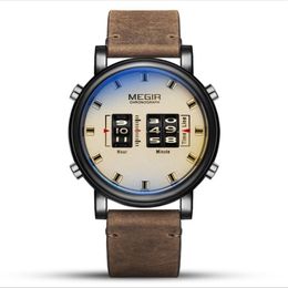 Reloj para hombre con diseño de rodillo creativo de la marca MEGIR, correa de cuero suave, esfera esmerilada a prueba de desgaste, relojes de cuarzo de cristal Mineral 194N