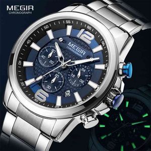 Megir Luxe Horloges Mannen Topmerk Rvs Waterdicht Lichtgevend Polshorloge Blauw Sport Chronograph Quartz Horloge Man 210329