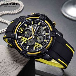 Megir Reloj de pulsera deportivo con cronógrafo y correa de silicona negra para hombre, resistente al agua hasta 3 ATM, manecillas luminosas, 2097 amarillo