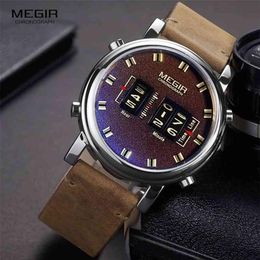 MEGIR, camiseta nueva, relojes para hombre, deporte militar, reloj de pulsera de cuarzo de cuero marrón, rodillo de tambor de lujo, reloj masculino 2137 2103292397