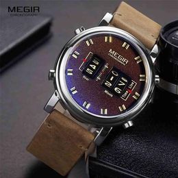 MEGIR Nieuwe Top Band Horloges Mannen Militaire Sport Bruin Leer Quartz Horloge Luxe Drum Roller relogio masculino 2137 210329290D