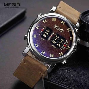 MEGIR nouveau haut bracelet montres hommes Sport militaire en cuir marron Quartz montre-bracelet de luxe tambour rouleau relogio masculino 2137 210329317p