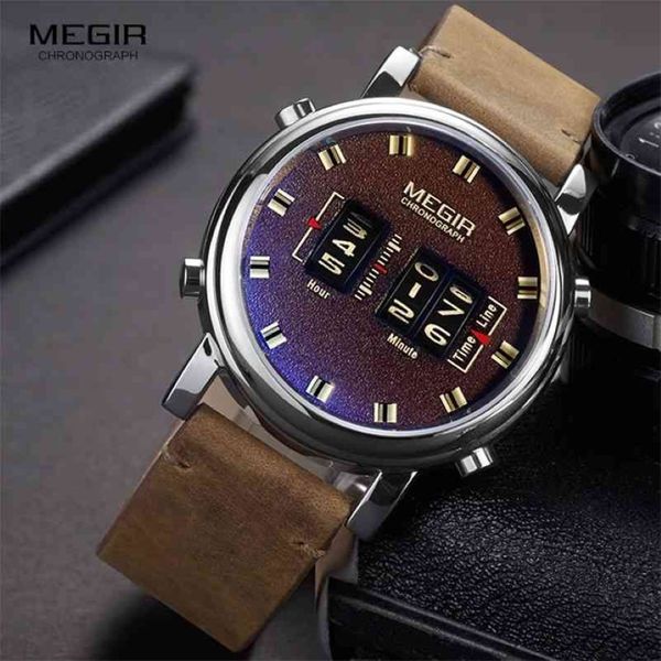 MEGIR nouveau haut bracelet montres hommes Sport militaire en cuir marron Quartz montre-bracelet de luxe tambour rouleau relogio masculino 2137 2103292110