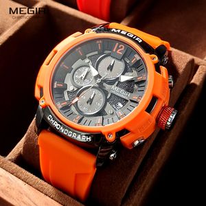 MEGIR Oranje Sport Horloges voor Mannen Mode Waterdichte Lichtgevende Chronograaf Quartz Horloge met Automatische Datum Siliconen Band 2208