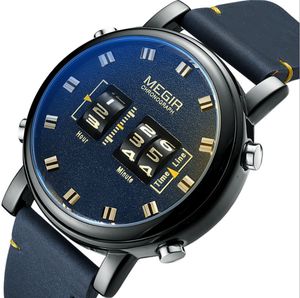 Megir Persoonlijkheid Creatief Design Roller Mens Watch Classic Lederen Riem Grote Morte Dial Wearproof Mineral Crystal Glass Quartz Polshorloges 2137