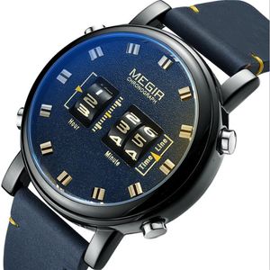 MEGIR Personnalité Creative Design Roller Mens Watch Bracelet en cuir classique Grand cadran givré Verre minéral résistant à l'usure Quart2052