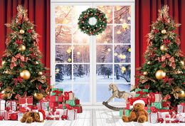 Mehofond fotografie achtergrond kerstbomen raam open haard vakantiefeestje kinderen familie portret decor achtergrond foto studio