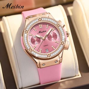 Meibin mode gepersonaliseerde trendy grote wijzerplaat siliconen tape dominante waterdiamant dames horloge rechtdoor