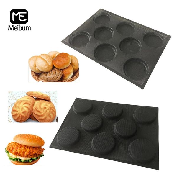 Meibum 8 cellules noir poreux Silicone pain moule Cookie Hamburger moule forme ronde plateau antiadhésif ustensiles de cuisson outils de cuisson 240226