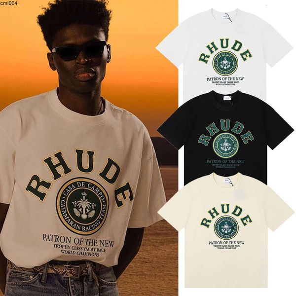 Meichao Primavera/Verano Nueva camiseta de manga corta informal holgada con estampado de letras verdes versátil Rhude para hombres y mujeres {categoría}