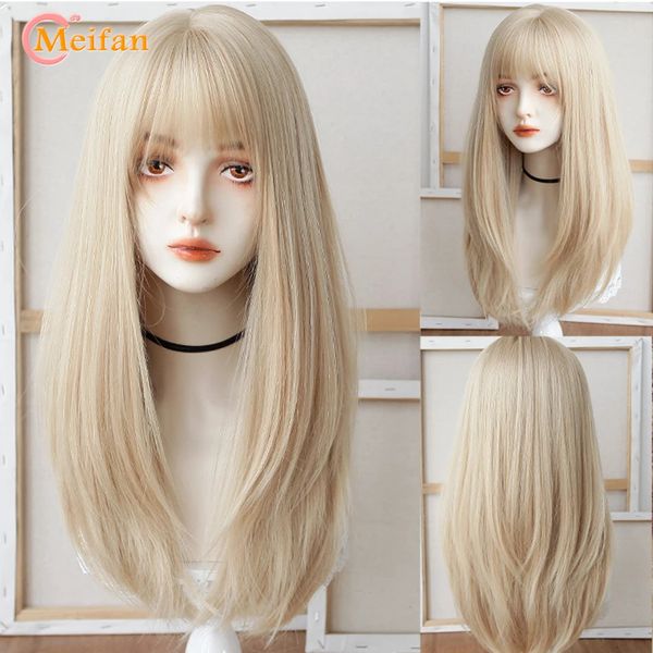 MEIFAN SINTÉTICO Long Lolita Lolita Wig With Bangs Wig Girl Lindo Ombre Pink Blonde Black Party Halloween Harajuku Wig 240402