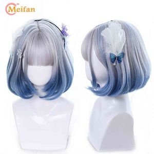 MEIFAN synthétique court Bob couleur Lolita Anime perruques avec Air frange pour femmes naturel faux cheveux noir bleu Lolite Cosplay Wig220505