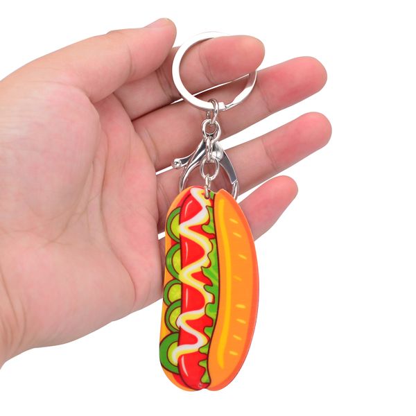 Porte-clés en acrylique de dessin animé mignon, nourriture créative, Hot Dog, bijoux pour femmes, enfants filles, cadeau, accessoire de voiture