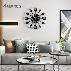 Meisd Acrylic Kitchen Restaurant Klok Zwart Creatieve Vork en Spoon Horloge Round Design Watch Home Decor gratis verzending 210310