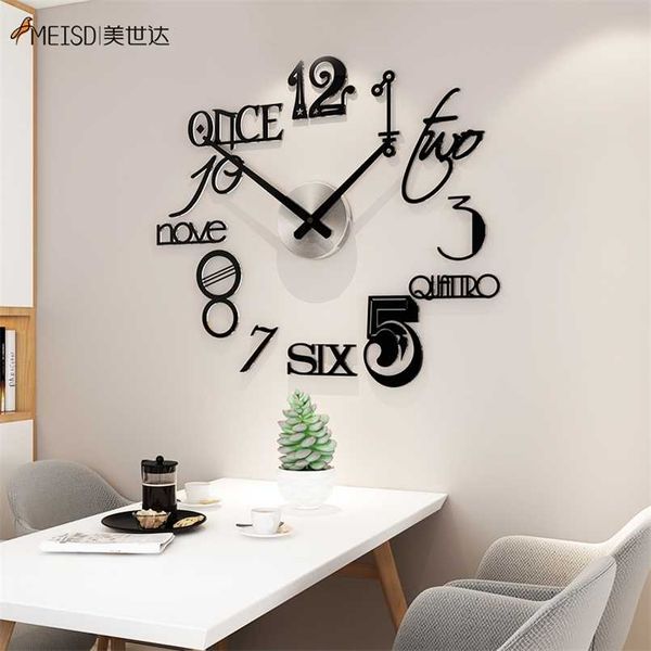 Reloj de pared decorativo grande de acrílico silencioso DIY con números MEISD, diseño moderno, reloj para sala de estar, pegatinas de espejo negro, Horloge 211110