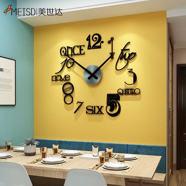 MEISD Grande horloge murale sans poinçon Autocollants de salon Montre de décoration pour adolescents pour intérieurs de maison Horloge noire 210930