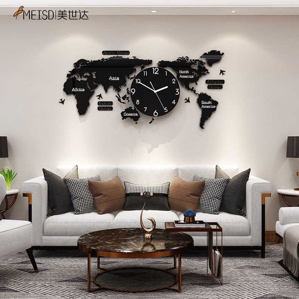 MEISD, mapa del mundo grande sin perforaciones, pegatinas DIY, reloj de pared, reloj de cuarzo, diseño autoadhesivo moderno silencioso, arte Horloge 210724