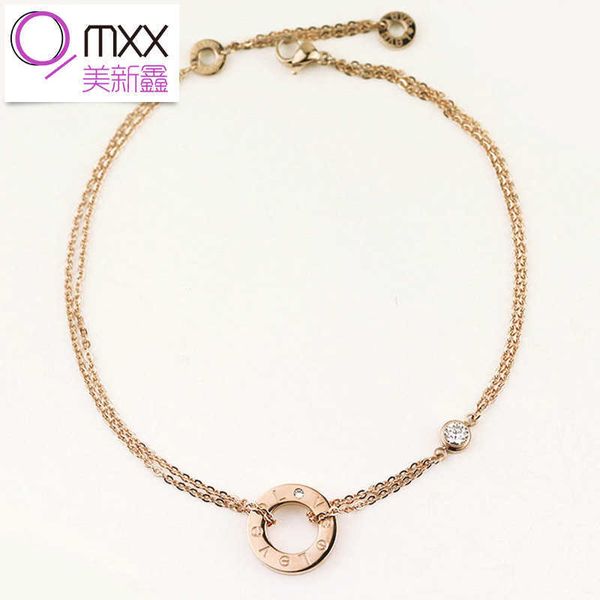 Meishi Xiaokadijia Pulsera de diamantes de doble capa con anillo único y tornillo de acero de titanio en oro rosa de 14 k